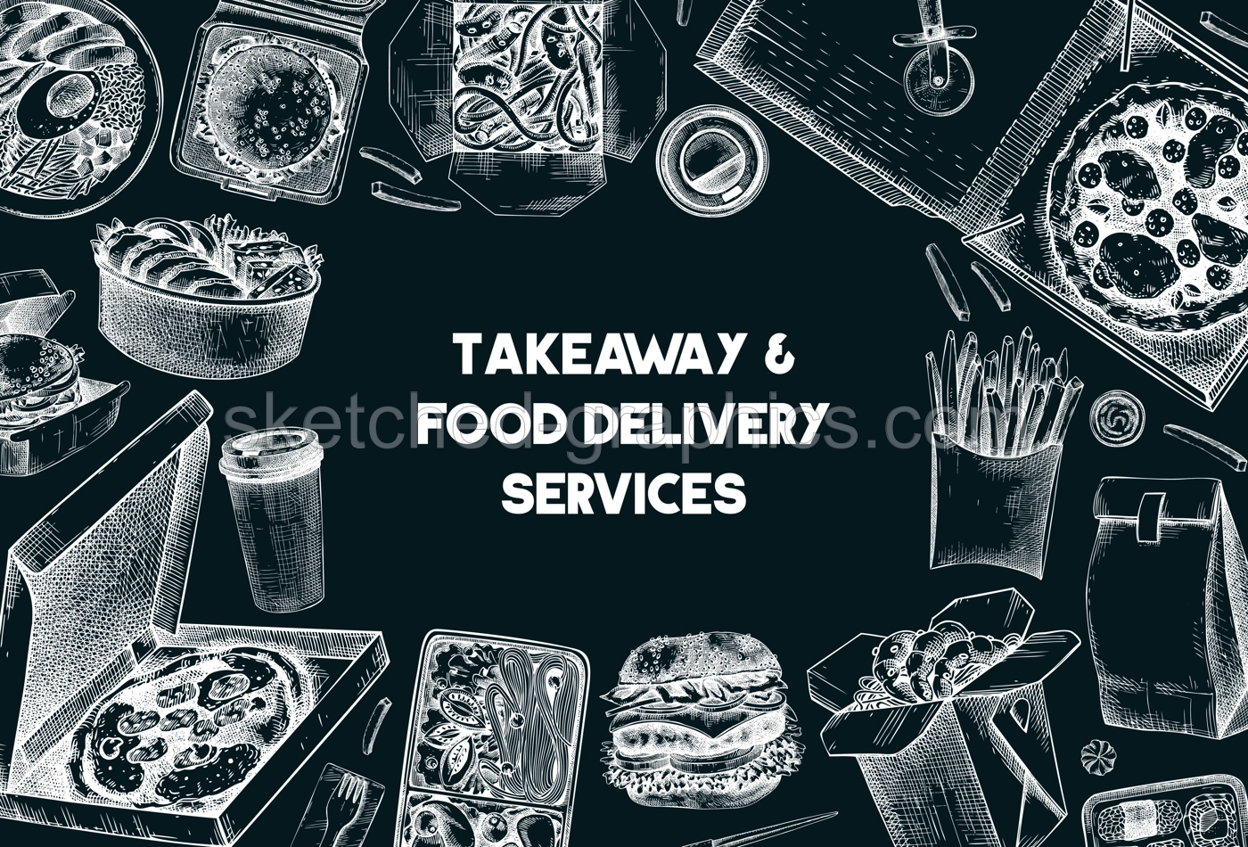 Fast food background. Hand drawn vector illustration on chalkboard.  Food delivery, takeaway food, takeout food in paper box, fast food menu design. Pizza, burger, coffee, noodles, poke, sushi sketch Illustration